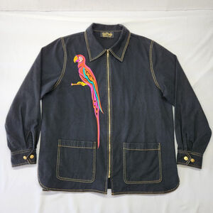 Bob Mackie Wearable Art Size Large Embroidered Parrot Black Denim Jacket Coat